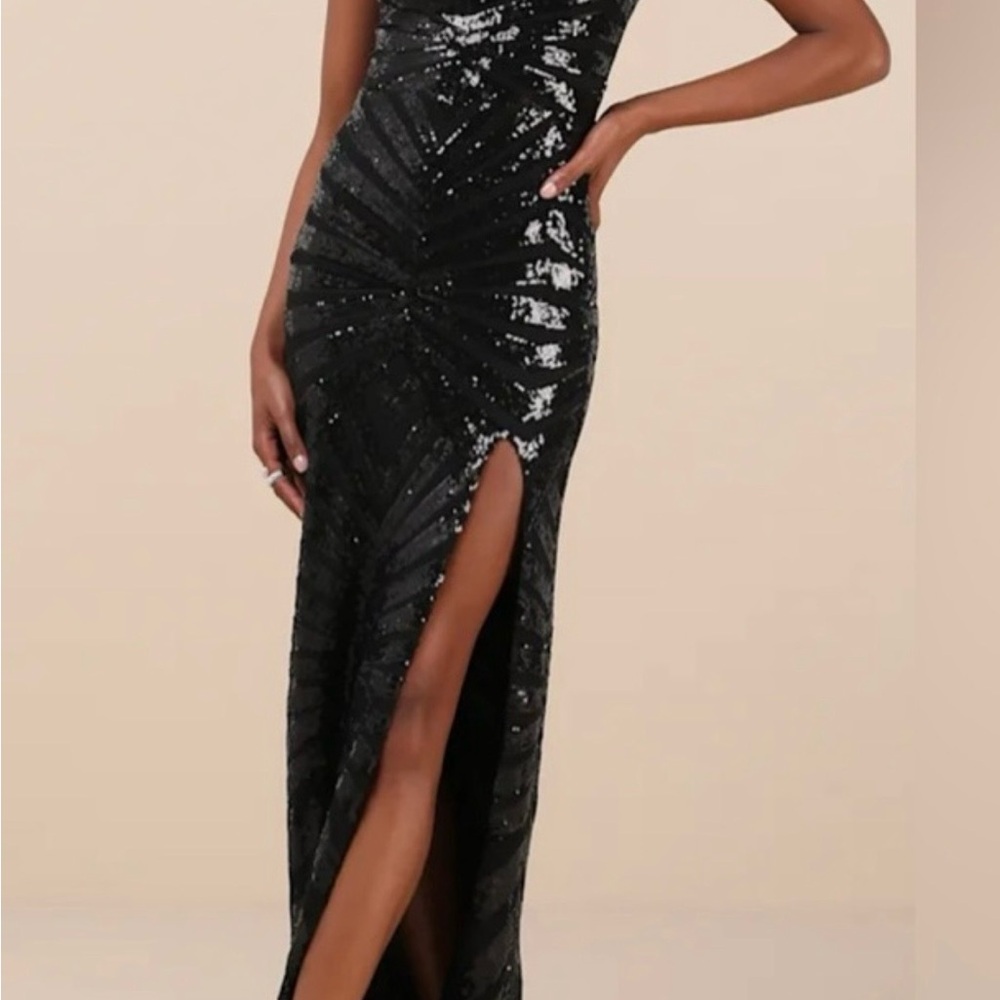 Lulus Black Sequin Maxi Dress Size Medium Spaghetti Strap High Slit Formal Gown